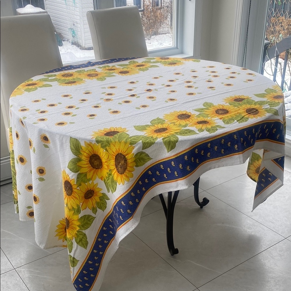 SUNFLOWER Large Square Tablecloth in Blue/white/yellow L: 85.75” X W: 51.5”